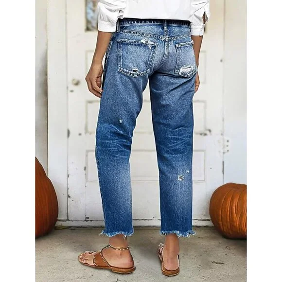 Women’s Cropped Straight Leg Jeans Mid Rise Stretchy Baggy Ankle Pants - Picture 2 of 5